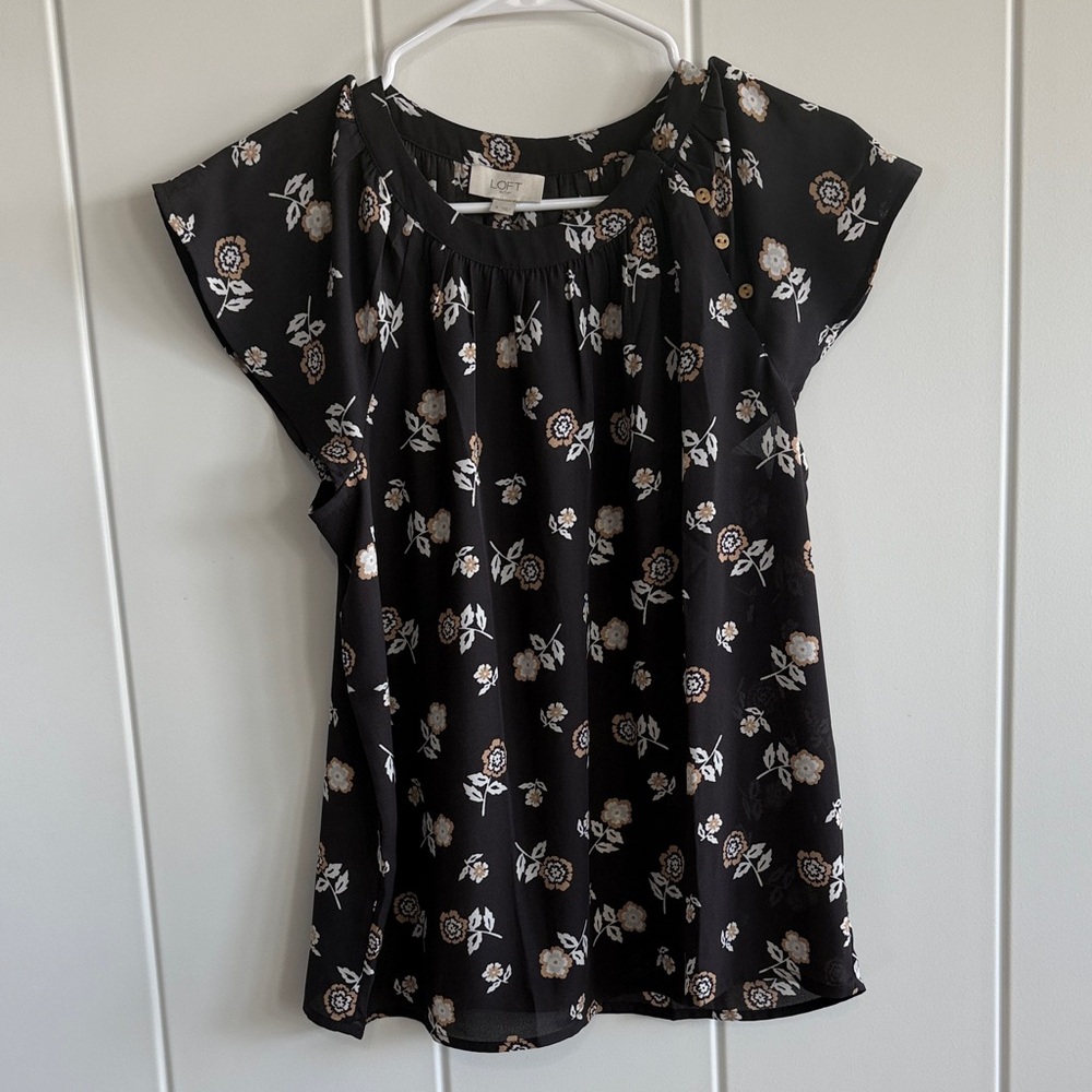 LOFT Black Floral Cap-Sleeve Top with Cream and Tan Accents